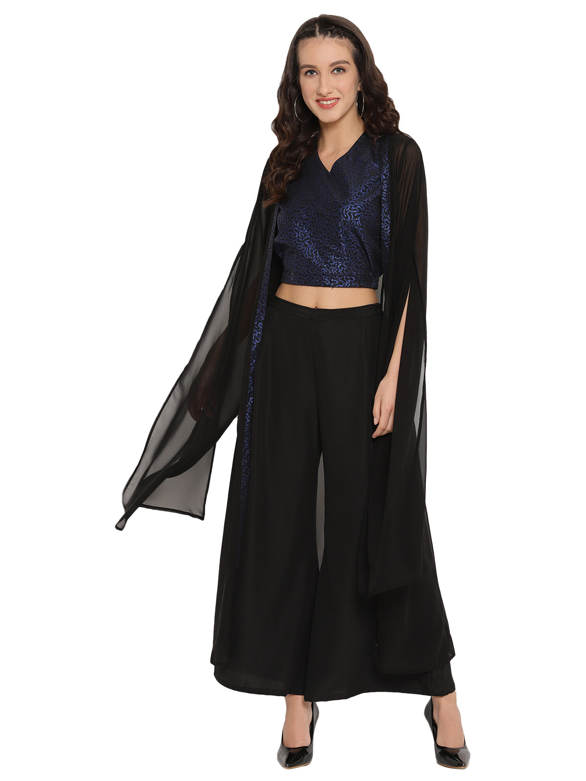 Black embroidery palazzo set with crop top and jacket, 3 piece long dr –  Fabvilla