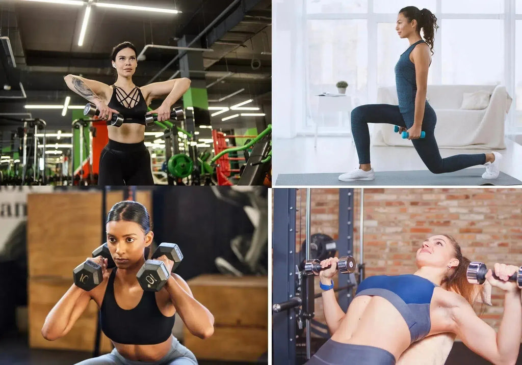 collage of women doing different weight lifting exercises