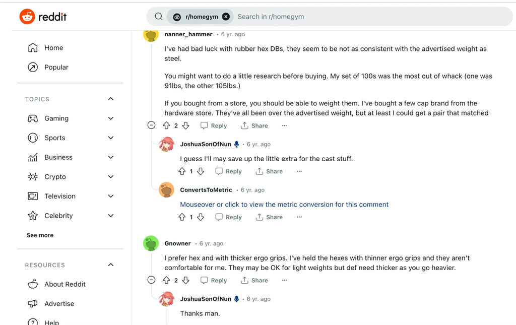 Reddit Discussion on round vs hex dumbbells