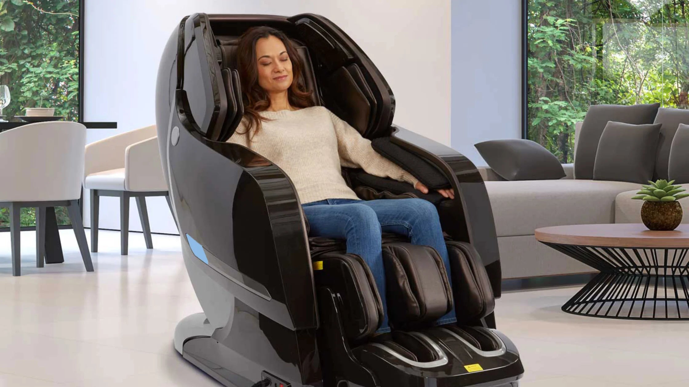 A woman sitting on a massage chair