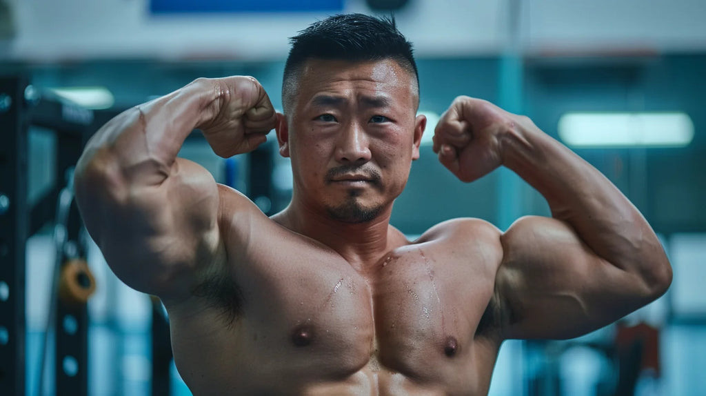 Asian man flexing chest muscles