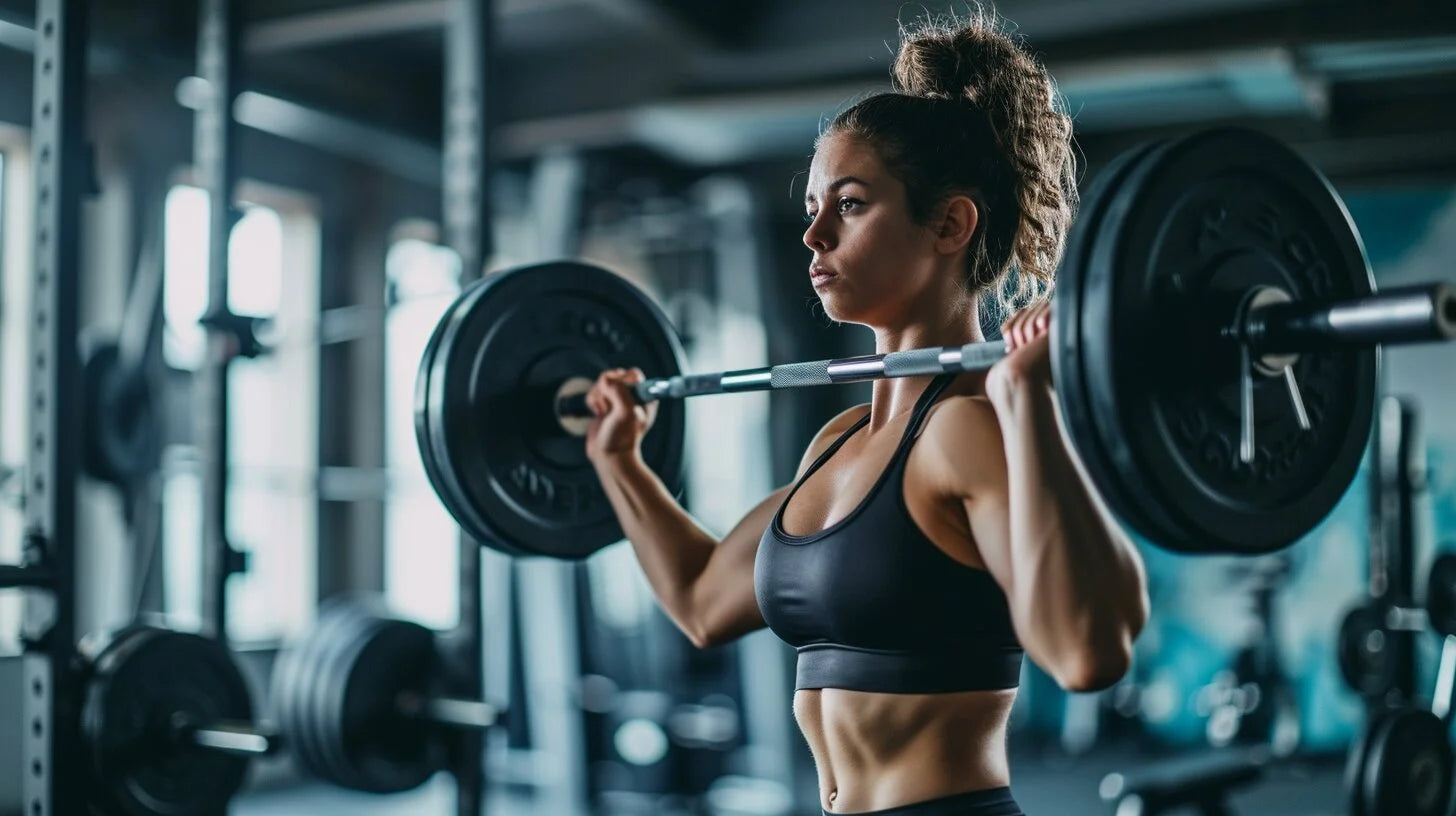 girl lifting a barbell with weight plates at shoulder height