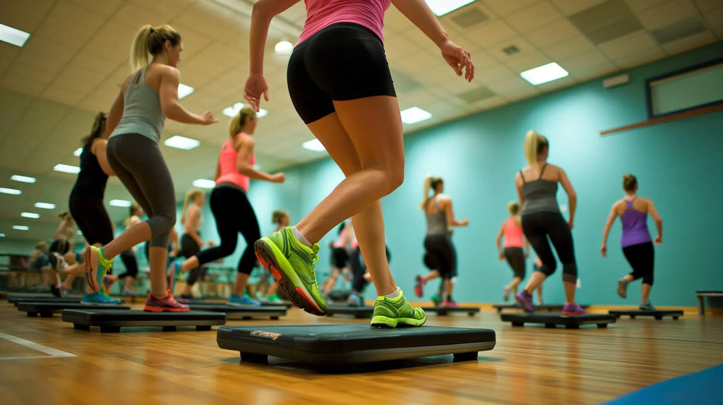 group of people in a step aerobics class