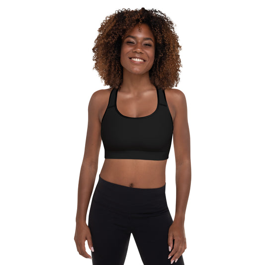 Black and white sports bra with padding for fitness