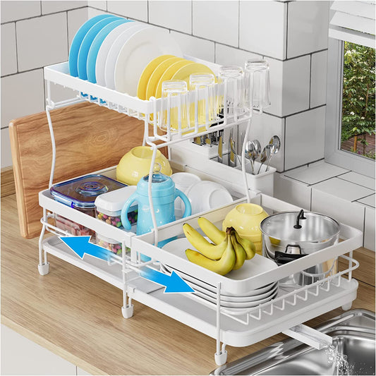 MERRYBOX Large Over The Sink Dish Drying Rack (33.4-41.3) 2 Tier Length  Adjustable Dish Drainer for Kitchen Sink Auto Drainage Space Saving Kitchen
