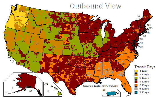 Estimated Transit Time Map for UPS Ground