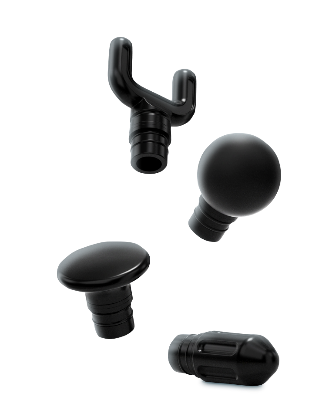 Four black massage gun attachments on a black background.