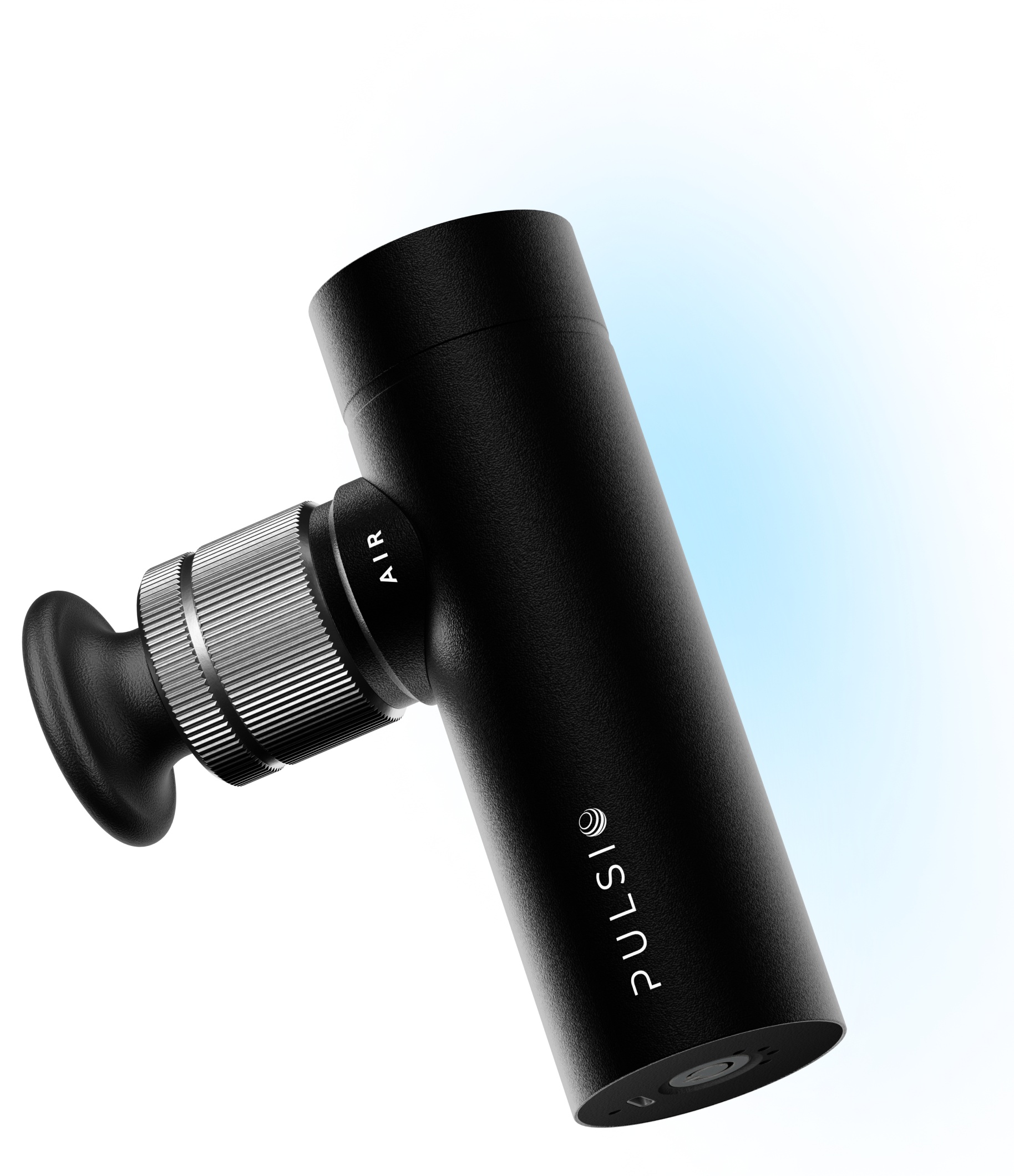 Portable black massage gun against a black background with blue halo effect.