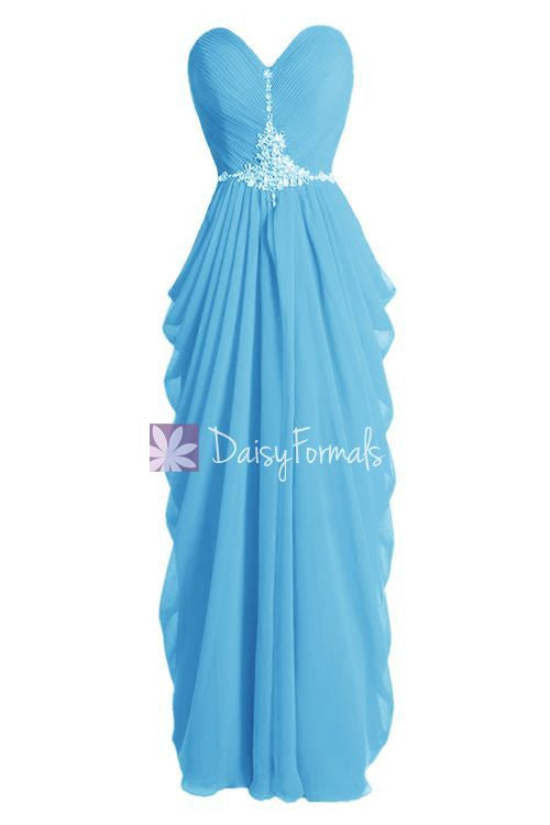 Beaded Blue Chiffon Dress Beach Wedding Dress Long Sweetheart