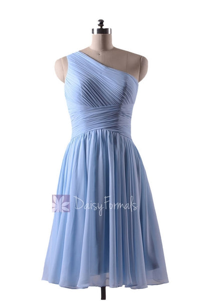 Short Vintage Blue Affordable Bridesmaid Dress Light Blue One Shoulder ...