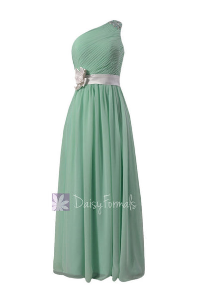 One Shoulder Mint Green Formal Bridesmaid Dress Chiffon Party Dress W ...