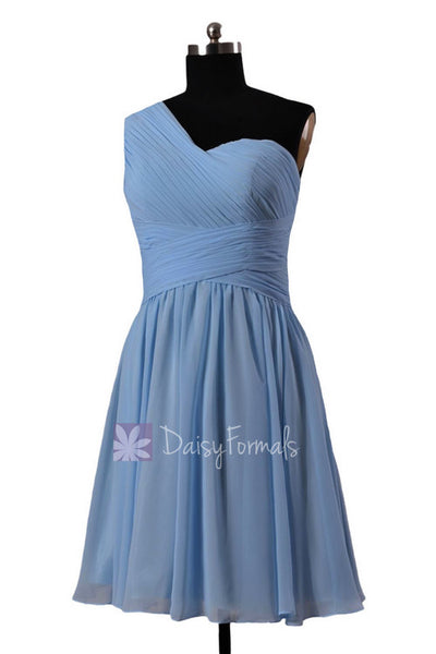 Cornflower Chiffon Dress One-Shoulder Bridesmaid Dress Short Bridal ...