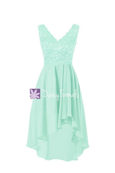 Mint High Low Lace Party Dress V-neckline Lace Bridesmaids Dress Forma ...