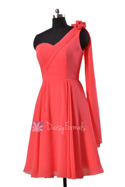 Asymmetrical One Shoulder Chiffon Bridesmaid Dress Short Coral Red Dre ...