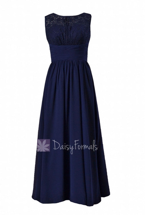 Gracious Long Chiffon Evening Dress Navy Formal Dress W/Lace Illusion ...