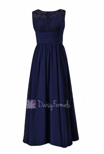 Long Chiffon Evening Dress Navy Formal Dress W/Lace Illusion Neckline ...