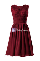 Dark Scarlet Lace Dress Vintage Bridesmaid Dress Short Lace & Mesh ...