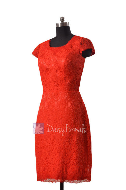 Sheath Lace Party Dress Short Red Lace Latest Bridesmaid Dress W/Cap ...