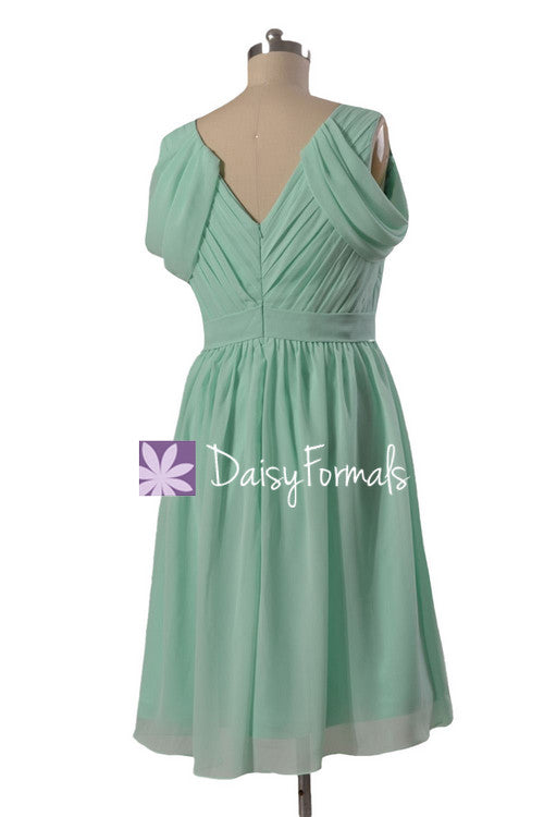 Pleated Mint Green Chiffon Bridesmaid Dress Online Short V-Neck Formal ...