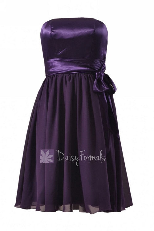Attractive Knee Length Purple Party Dress Strapless Prom Dress W/Satin ...
