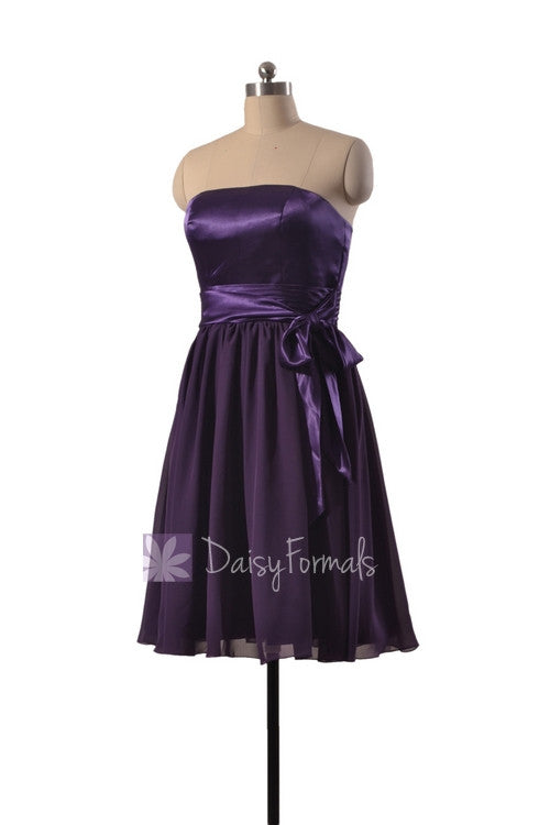 Attractive Knee Length Purple Party Dress Strapless Prom Dress W/Satin ...