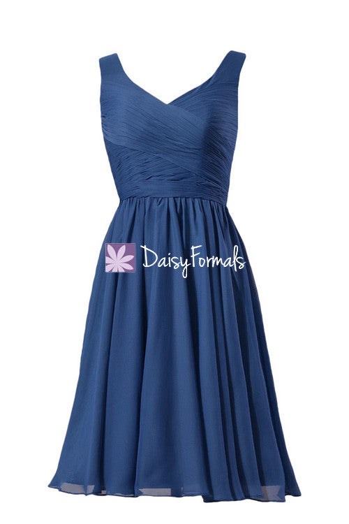 Sophisticated Blue Chiffon Dress Short Prussian Blue Bridesmaid Dress ...