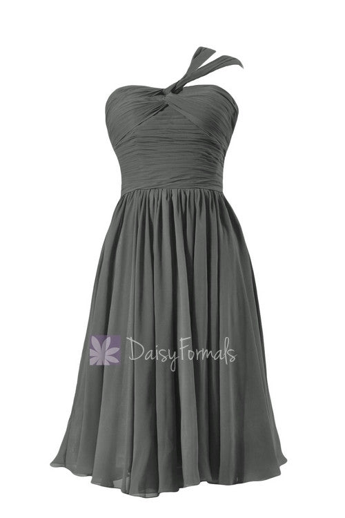 Chic Short Dark Gray Chiffon Party Dress One Shoulder Inexpensive ...