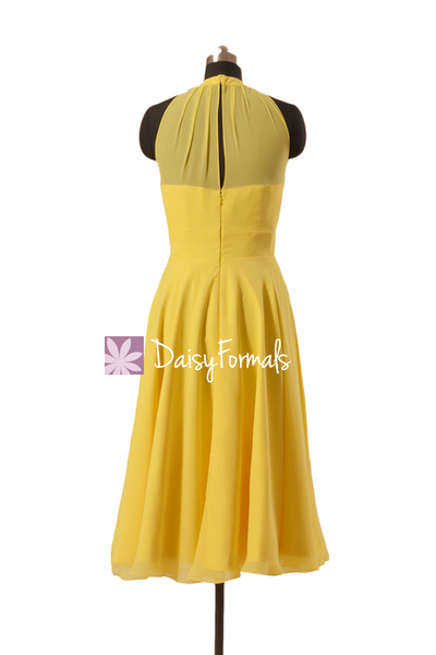 Halterneck Bridesmaid Dress Tea Length Maize Yellow Chiffon Party Dres ...