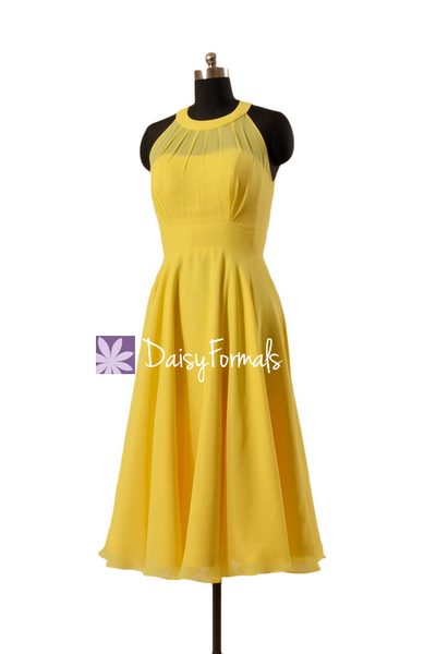 Halterneck Bridesmaid Dress Tea Length Maize Yellow Chiffon Party Dres ...