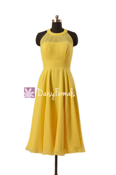 Halterneck Bridesmaid Dress Tea Length Maize Yellow Chiffon Party Dres ...