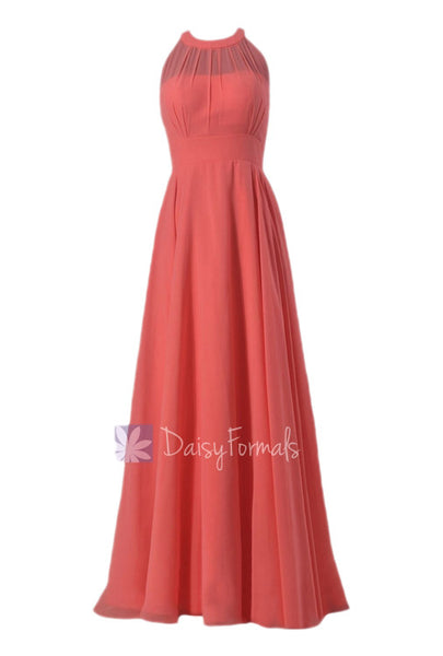 Floor Length Chiffon Bridesmaid Dress Coral Formal Dress W/Illusion Ne ...