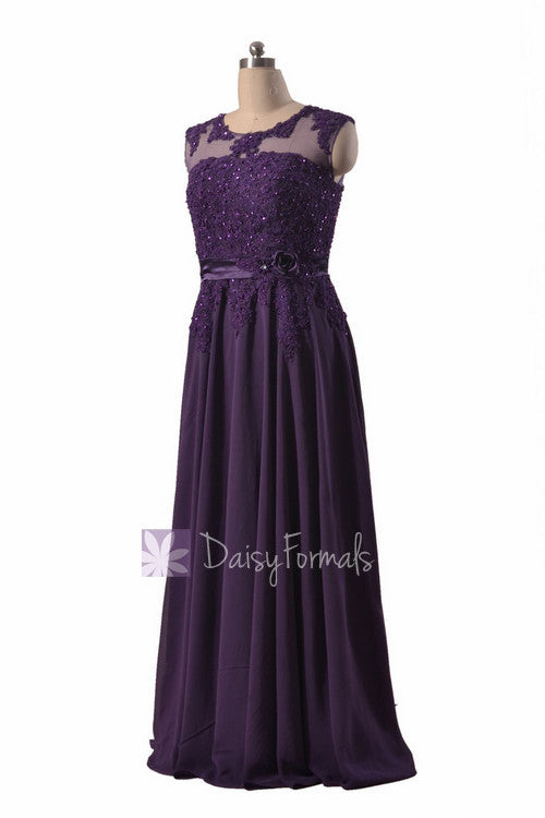 Gorgeous Long Beaded Purple Chiffon Bridesmaid Dress W/Illusion Neckli ...