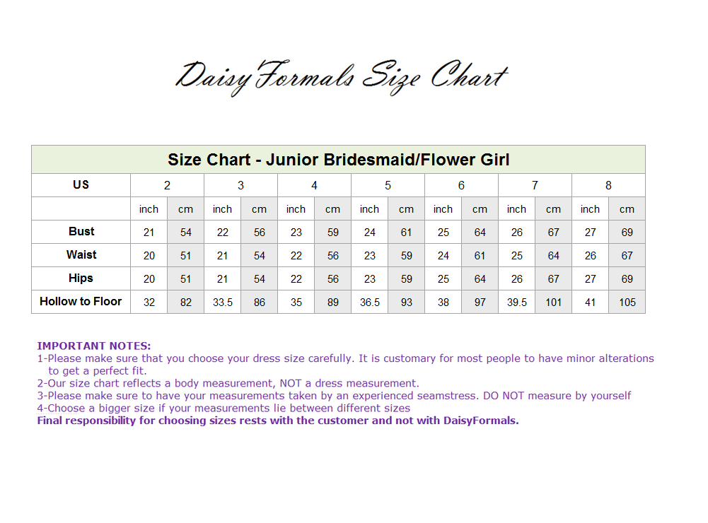 J Size Chart