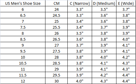 wide feet size chart