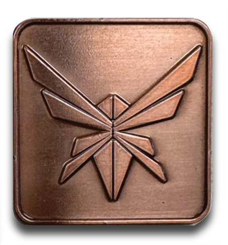 Bronze-colored emblem with stylized geometric winged insect design.