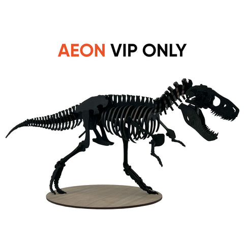 black t-rex dinosaur with text above that reads AEON VIP ONLY