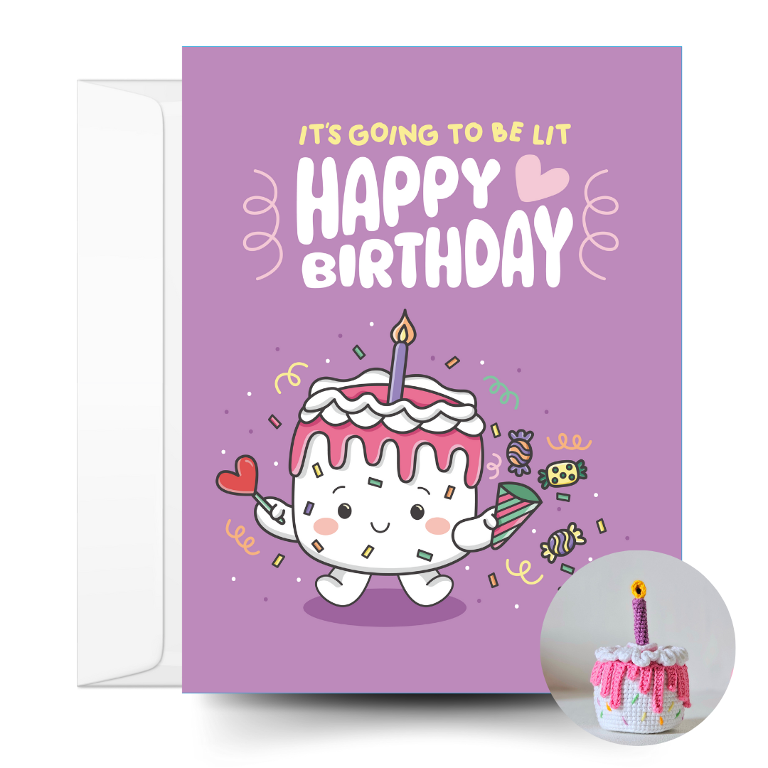 Cake Crochet Pattern & Matching Card: "It's Going To Lit Happy Birthday"