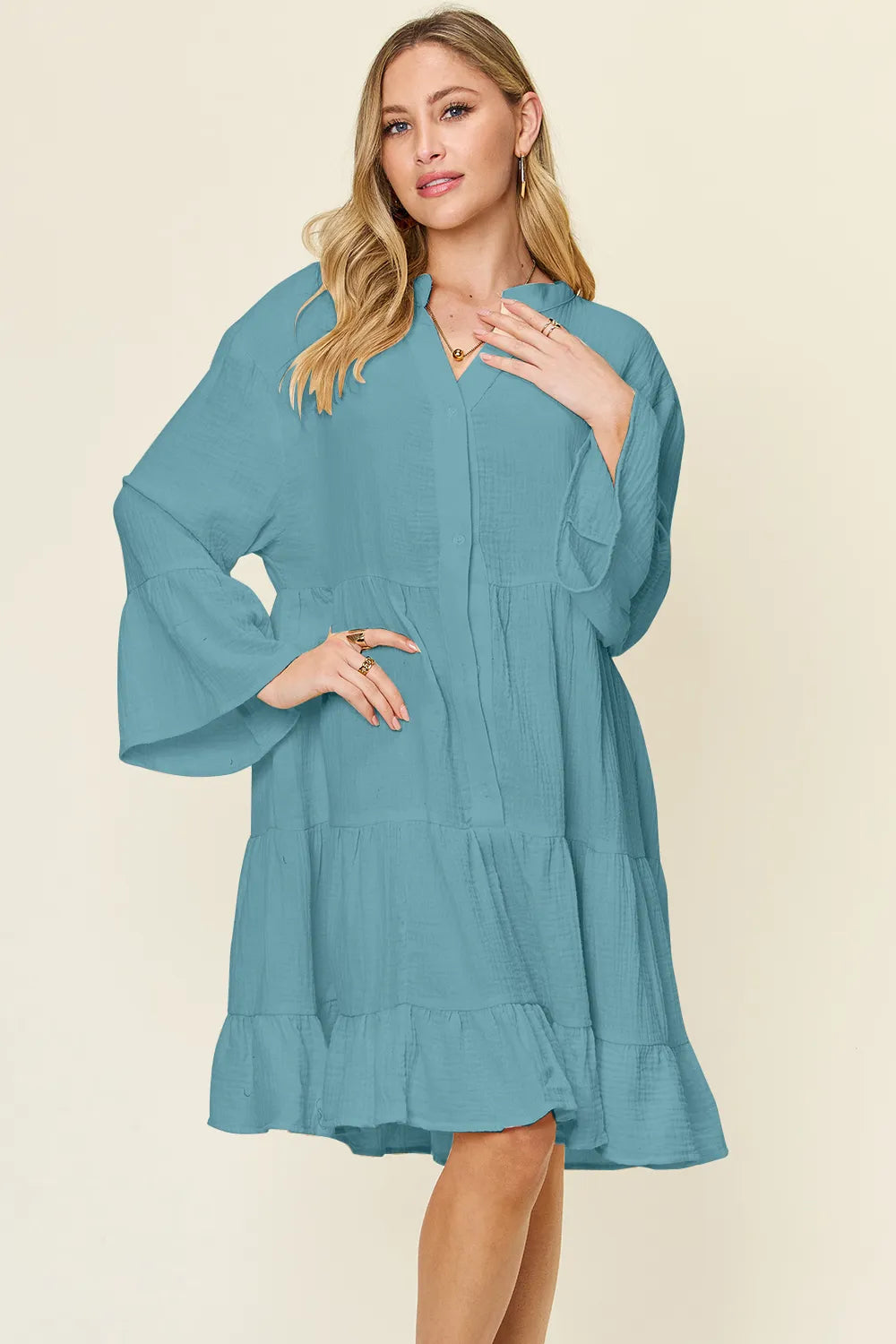 Coastal Drift Texture Button Up Ruffle Hem Dress