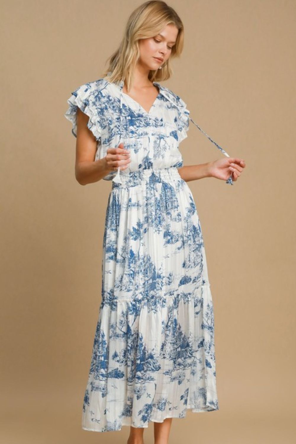 Two Tone Landscape Print Midi Dress