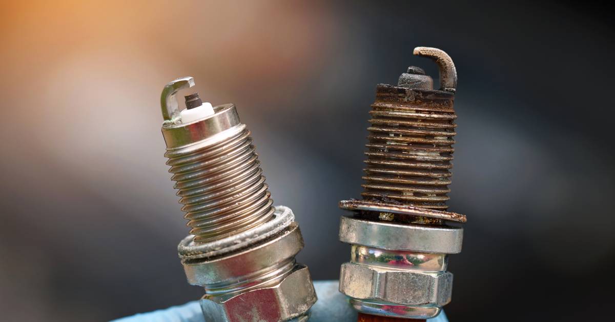 A hand wearing blue gloves holding up a brand-new and old, worn-down automotive spark plug for comparison.