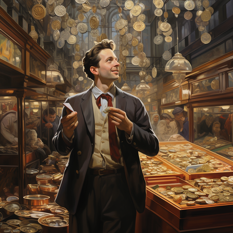 A professional man surrounded by coins