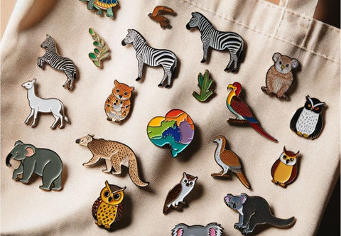 Animal pins on a tote bag