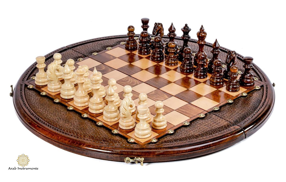 Irish Art Deco Hand-Carved Burl Wood Geometric Chess Set with Inlaid Wood  Board For Sale at 1stDibs