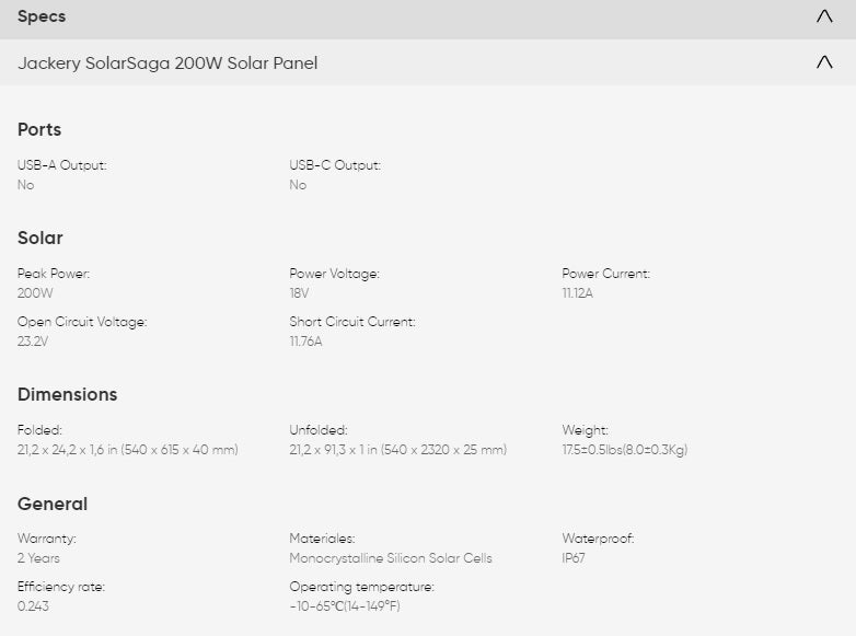 SolarSaga 200W Solar Panel Product Specifications