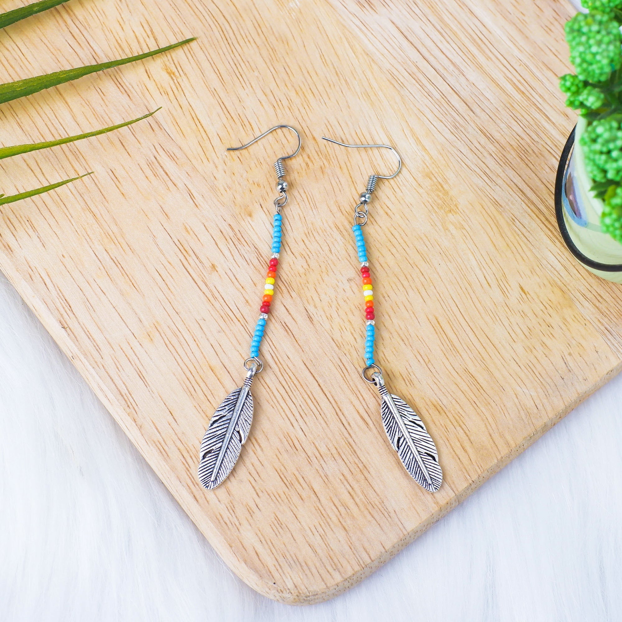 SALE 50% OFF - Black Stick with Metal Feather Beaded Handmade Earrings For Women