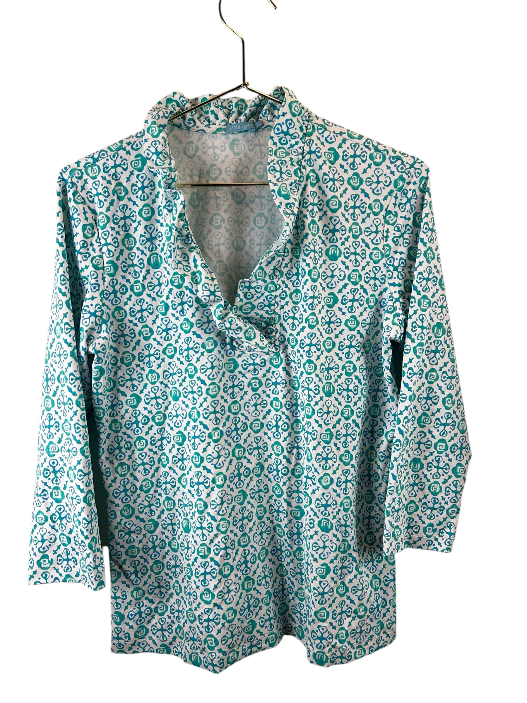 J.McLaughlin blue and white ruffle collared top