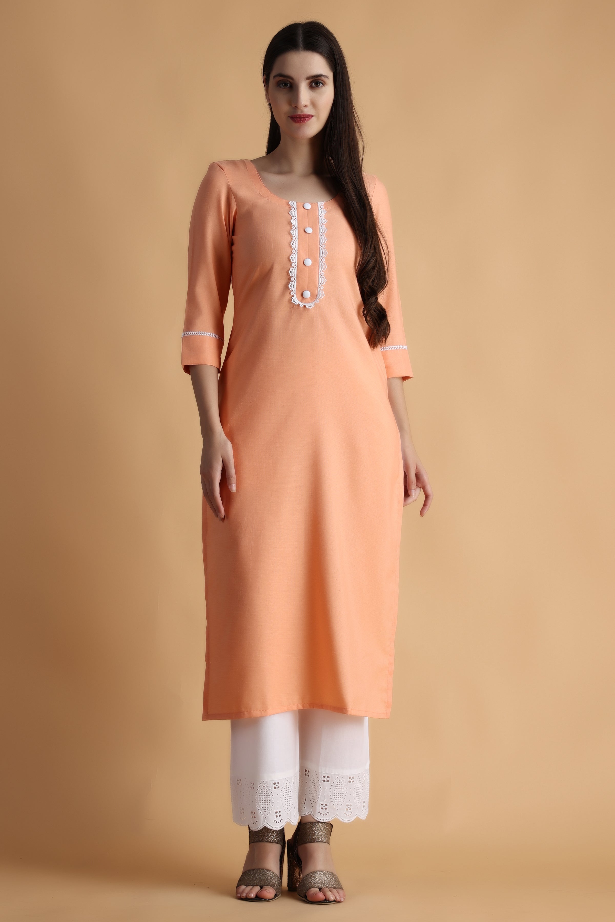 Cotton mal Fabrics Long Kurti With Dupatta In Peach Color With Embroidery -  Sale