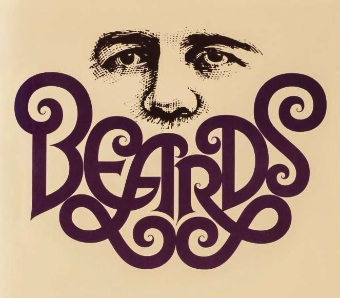 Typographic design of the word "Beards" and is made to form a beard underneath a black and white image of man's eyes and nose.