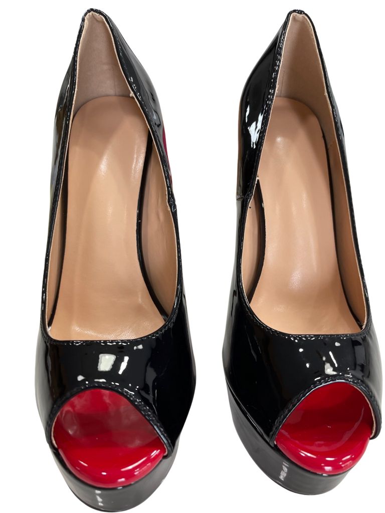 Richealnana Black Patent Stiletto Platform Peep Toe Heels