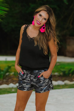 Grey Camo Sequin Shorts - The Urban Cowgirl Boutique